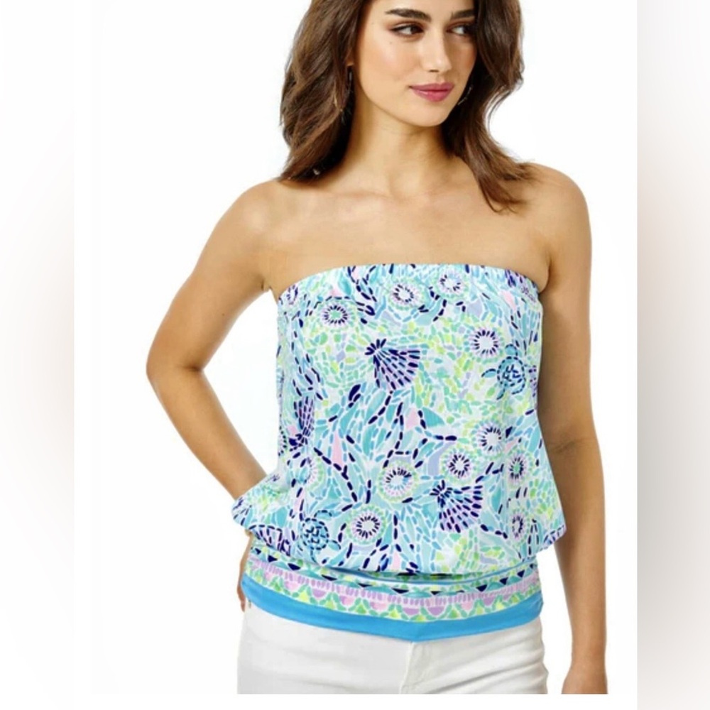 Lilly Pulitzer Adella tube top pattern is Blue Ibiza Open Water. Large
